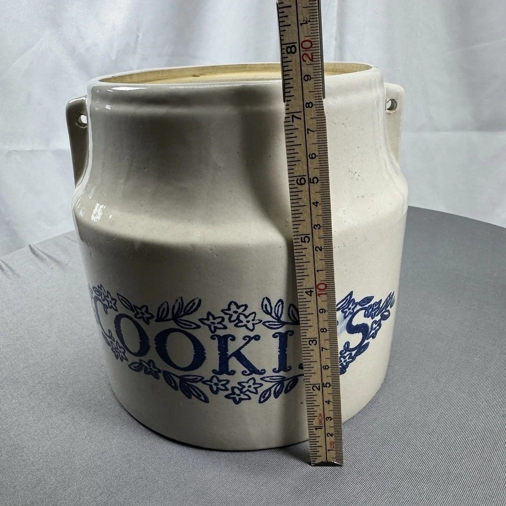 Vintage White Monmouth Pottery Stoneware Cookies cookie jar, Blue‎ Trim, No Lid